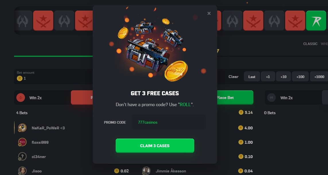 Use CSGORoll promo code : 777casinos for free cases  | VGOCasinos